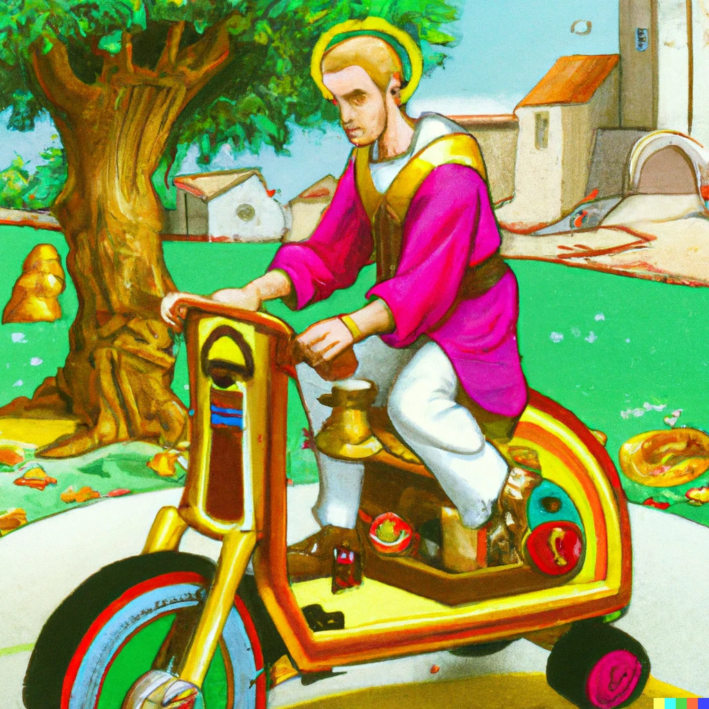 Prompt: Saint Robert driving a bike on the road. Very detailed. Video-game. Many colors. Happiness. 1995. Summer.
