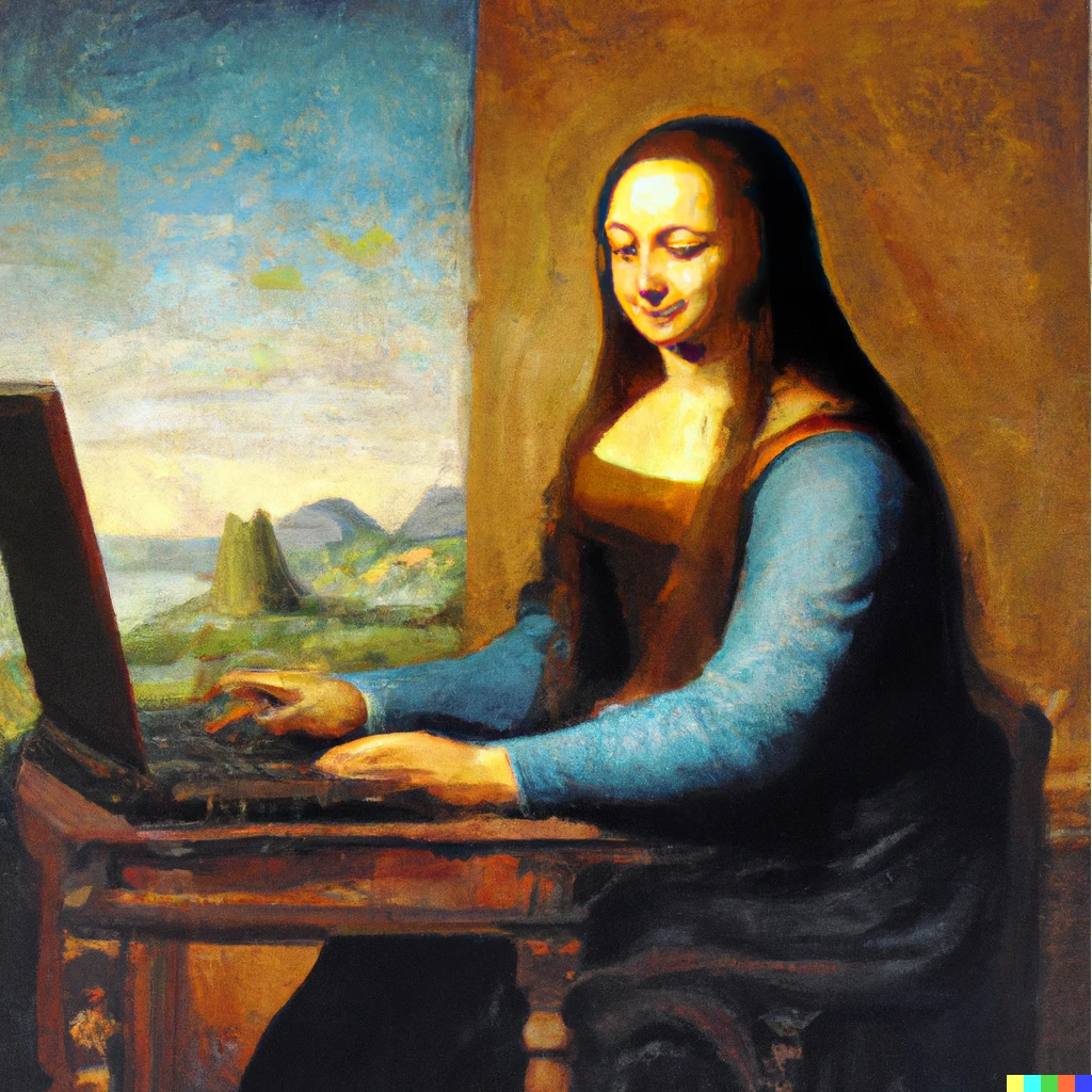 Prompt: The Mona Lisa working on a laptop, oil painting