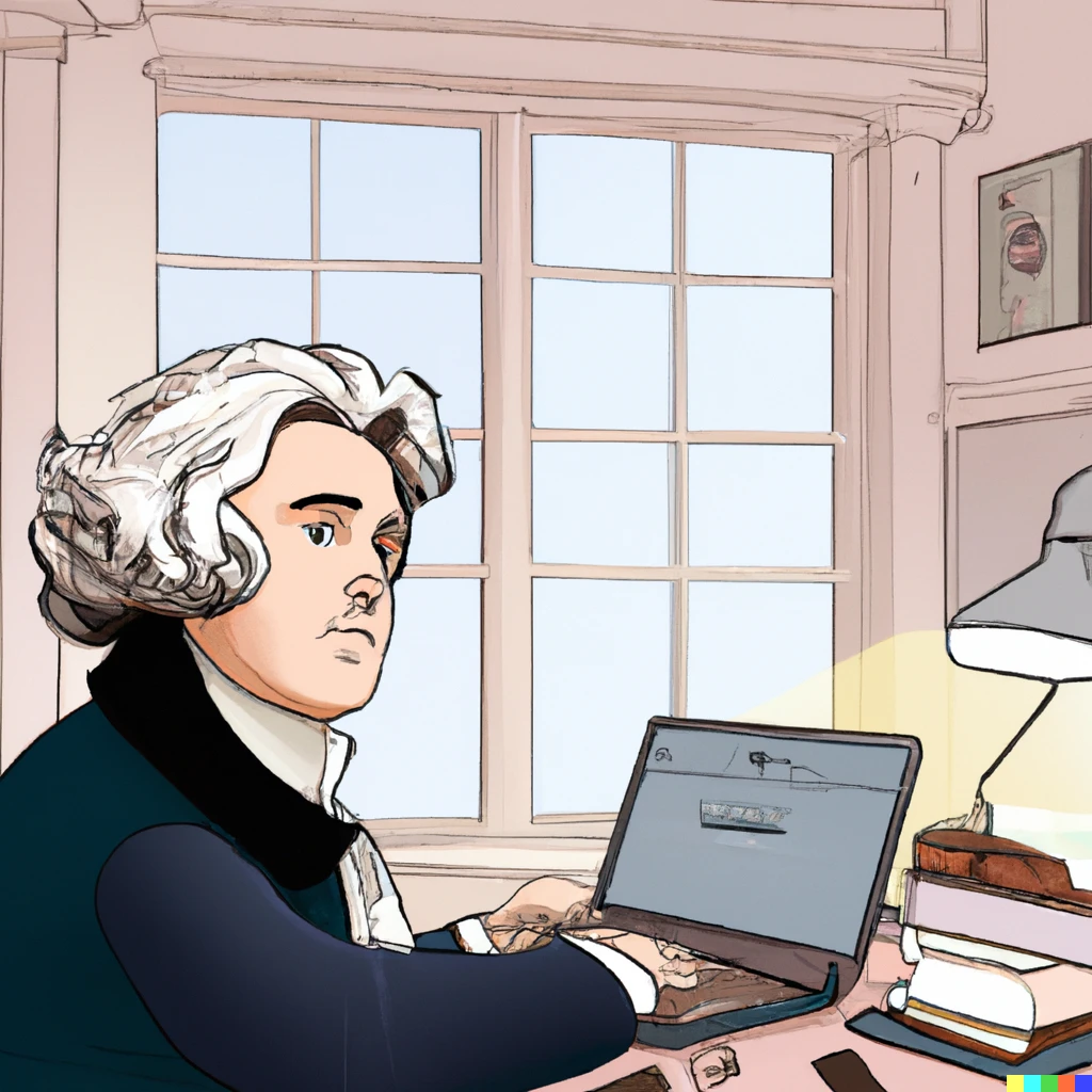 Prompt: A photo of Ludwig van Beethoven working on a laptop in his startup office.