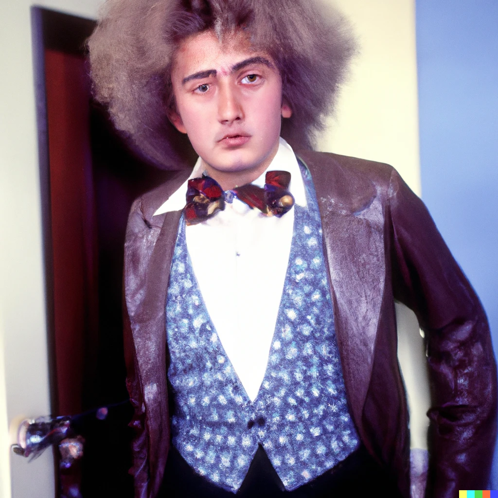 Prompt: A color photograph of young Albert Einstein as he is about to go out to an 80's discotheque nightclub.