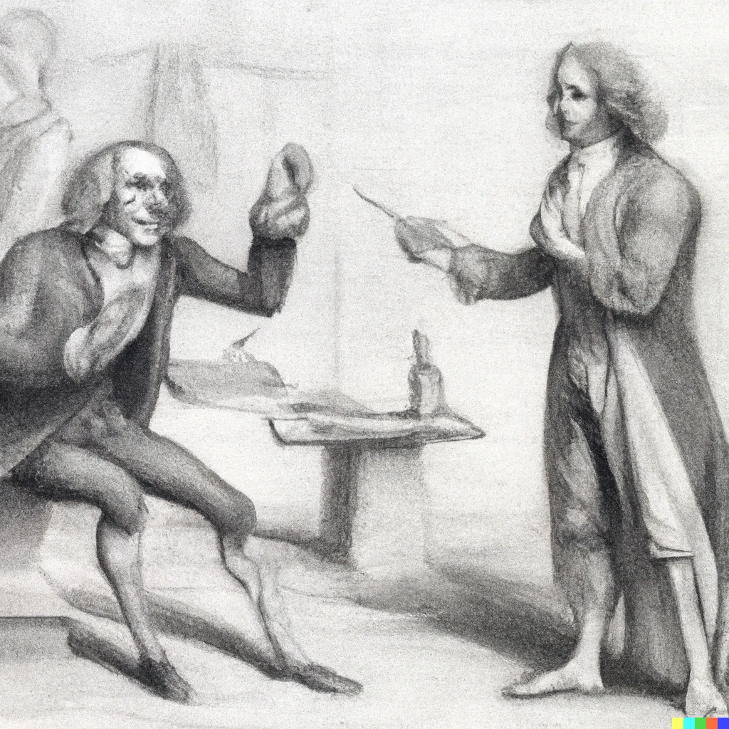 Prompt: Pencil drawing of a scene showing an argument between Issac Newton and Gottfried Wilhelm Leibniz.