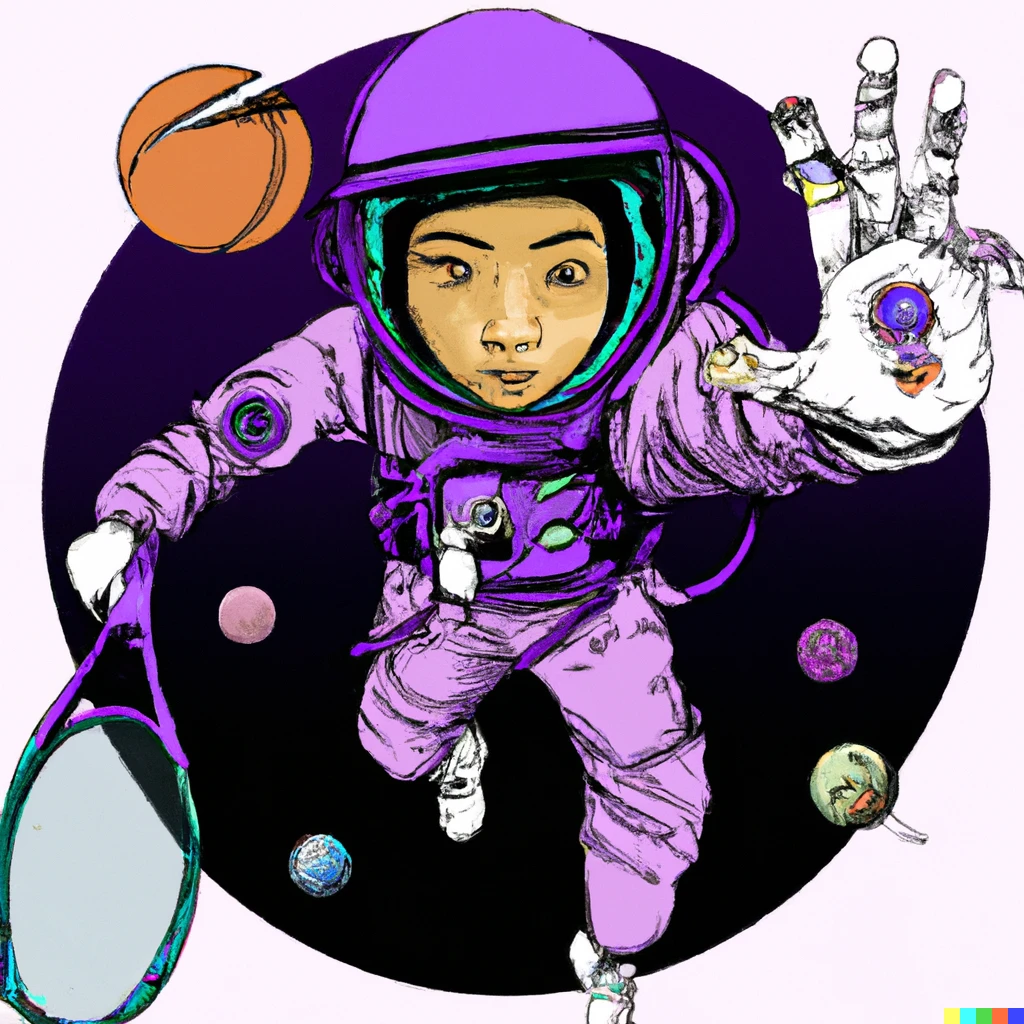 Prompt: A cosmic purple astronaut holding a tennis racket giving a peace sign in space. With a small ring planet. Graffiti 