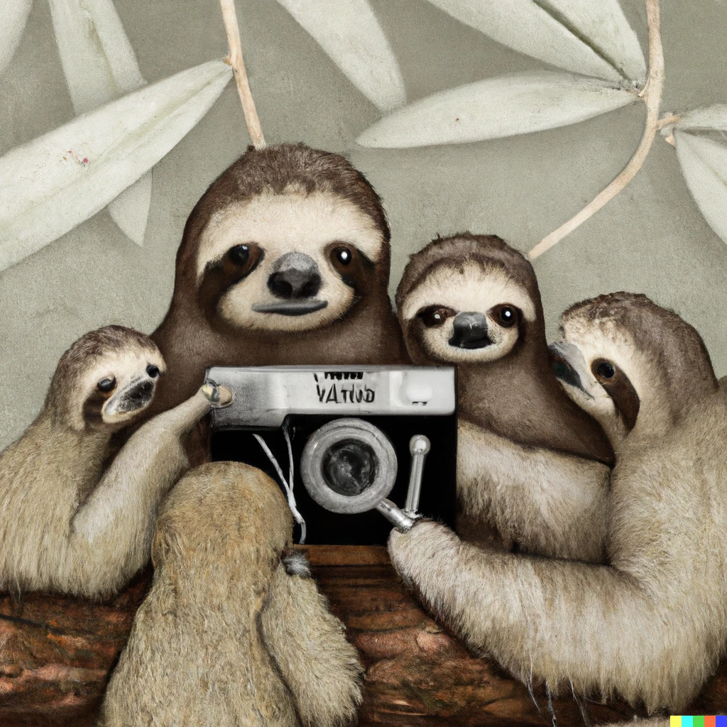 Prompt: painting of sloth family with vintage camera
