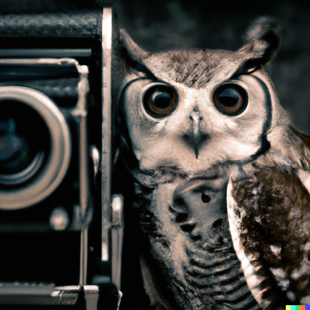 Prompt: photograph of owl with vintage camera