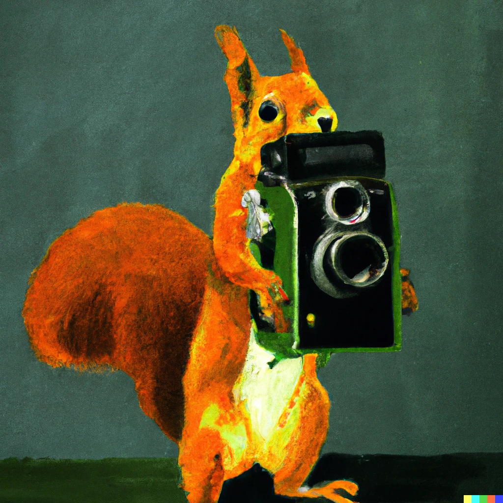 Prompt: painting of squirrel with vintage camera