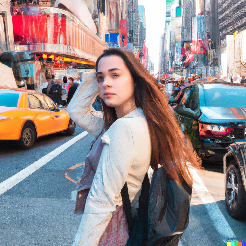 Prompt: a realistic photo of a beatiful young woman with long hair in a blazer, wearing a minimal backpack, crossing the street at Times Square on a sunny daytime, looking at the camera, taxis, cars and people on the background