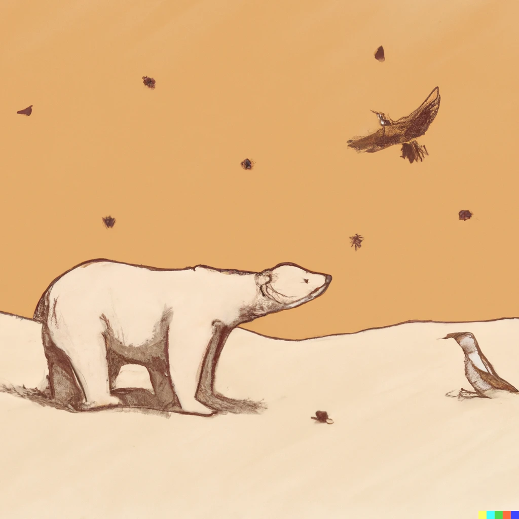 Prompt: a hand-drawn polar bear hunting birds in a desert