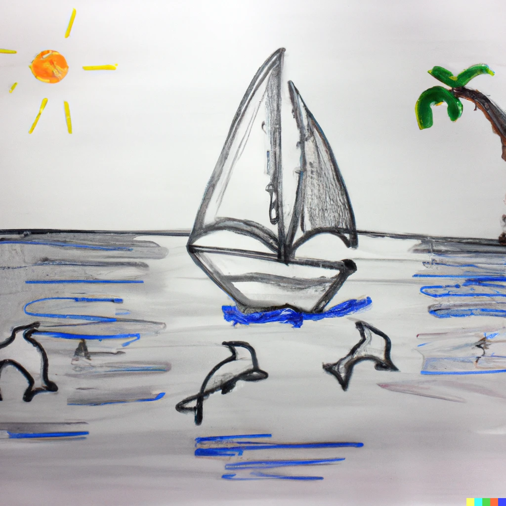 Prompt: A kid drawing of sailboat in aluminum arriving at an atoll, with dolphins swimming and jumping around it