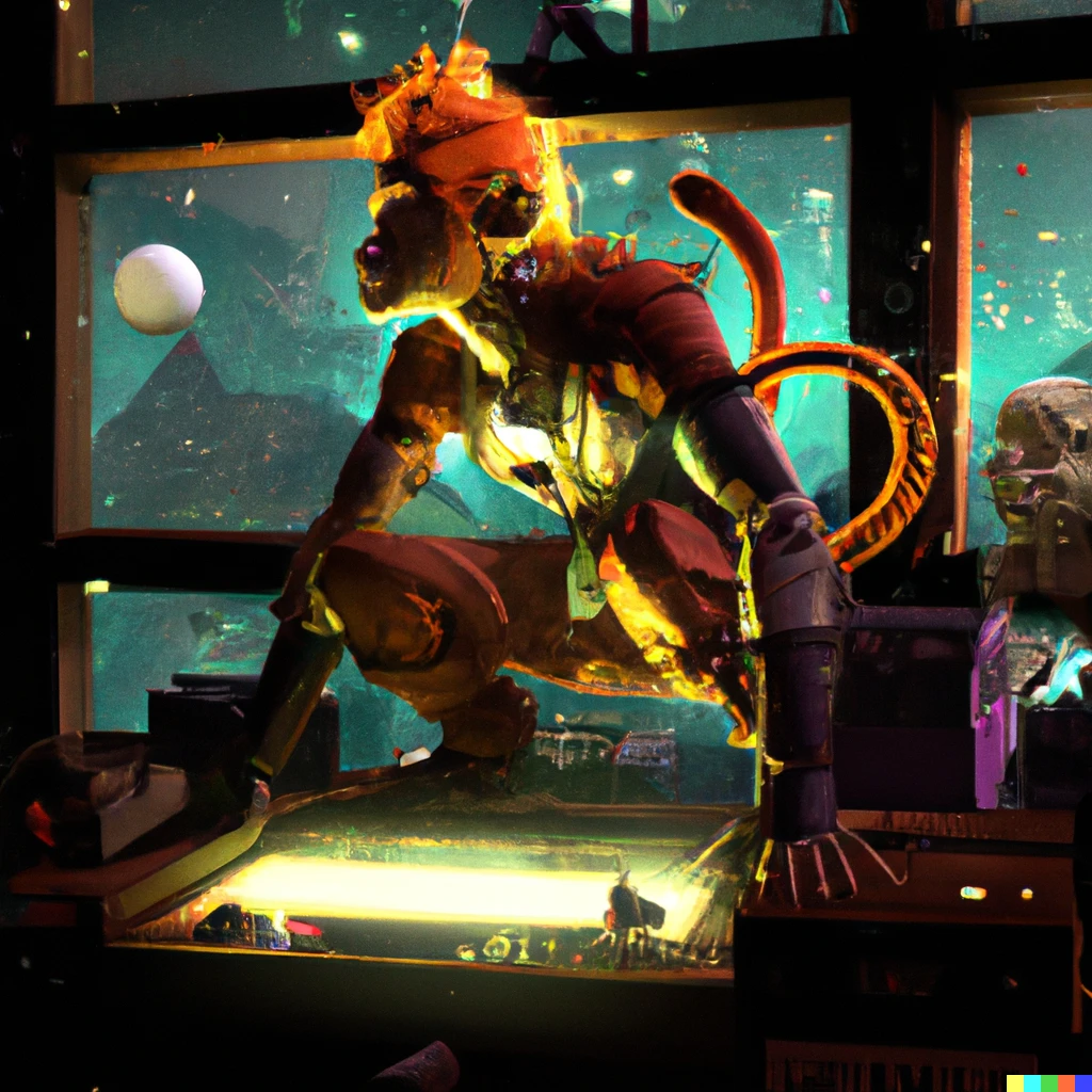 Prompt: Sun wukong encima de una mesa, Cyberpunk, Digital art