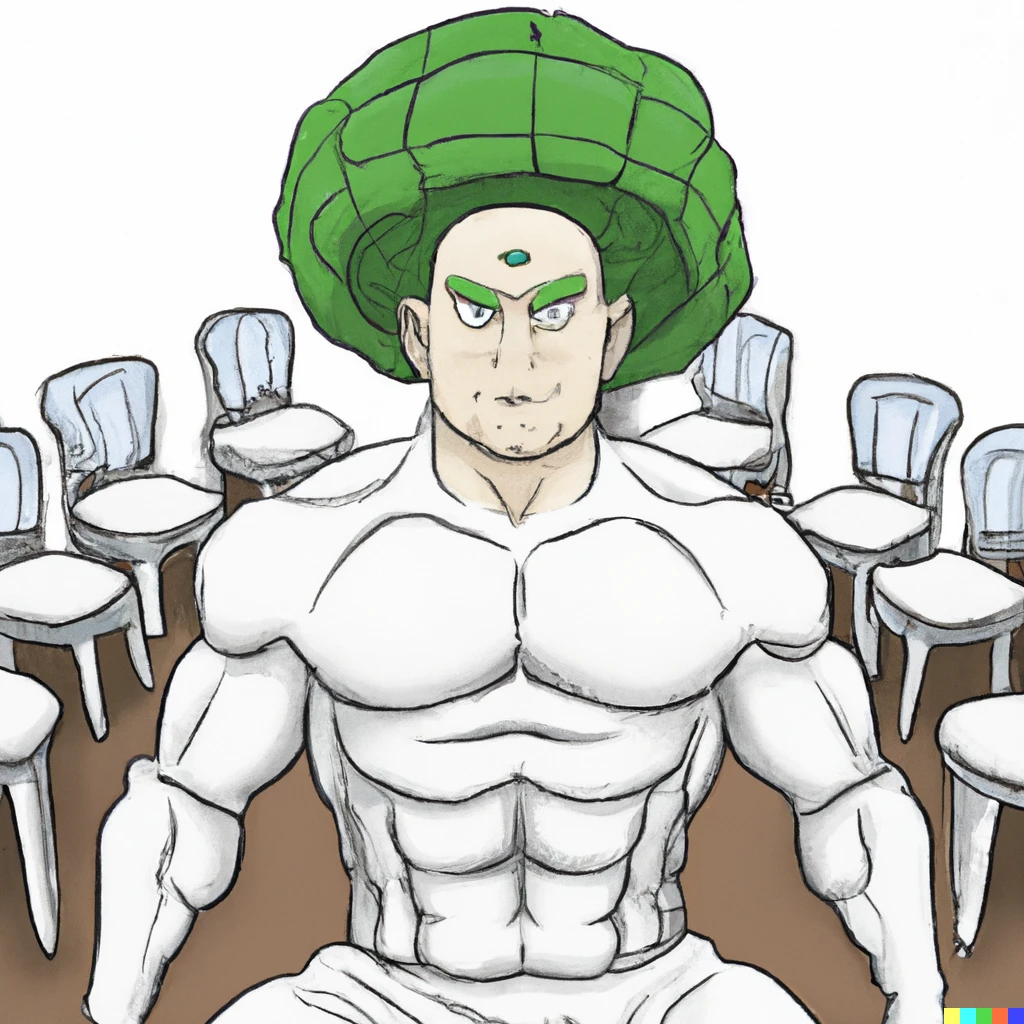 Prompt: Marvel's "The green hulk", wearing a white kippah on his head, surrounded by white plastic chairs, stan Lee comics style 