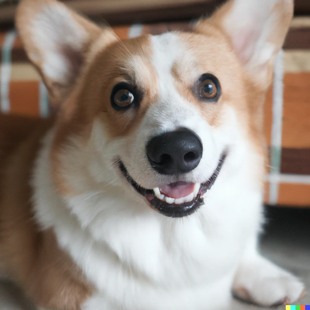 Prompt: A corgi relaxed and smiling to camera