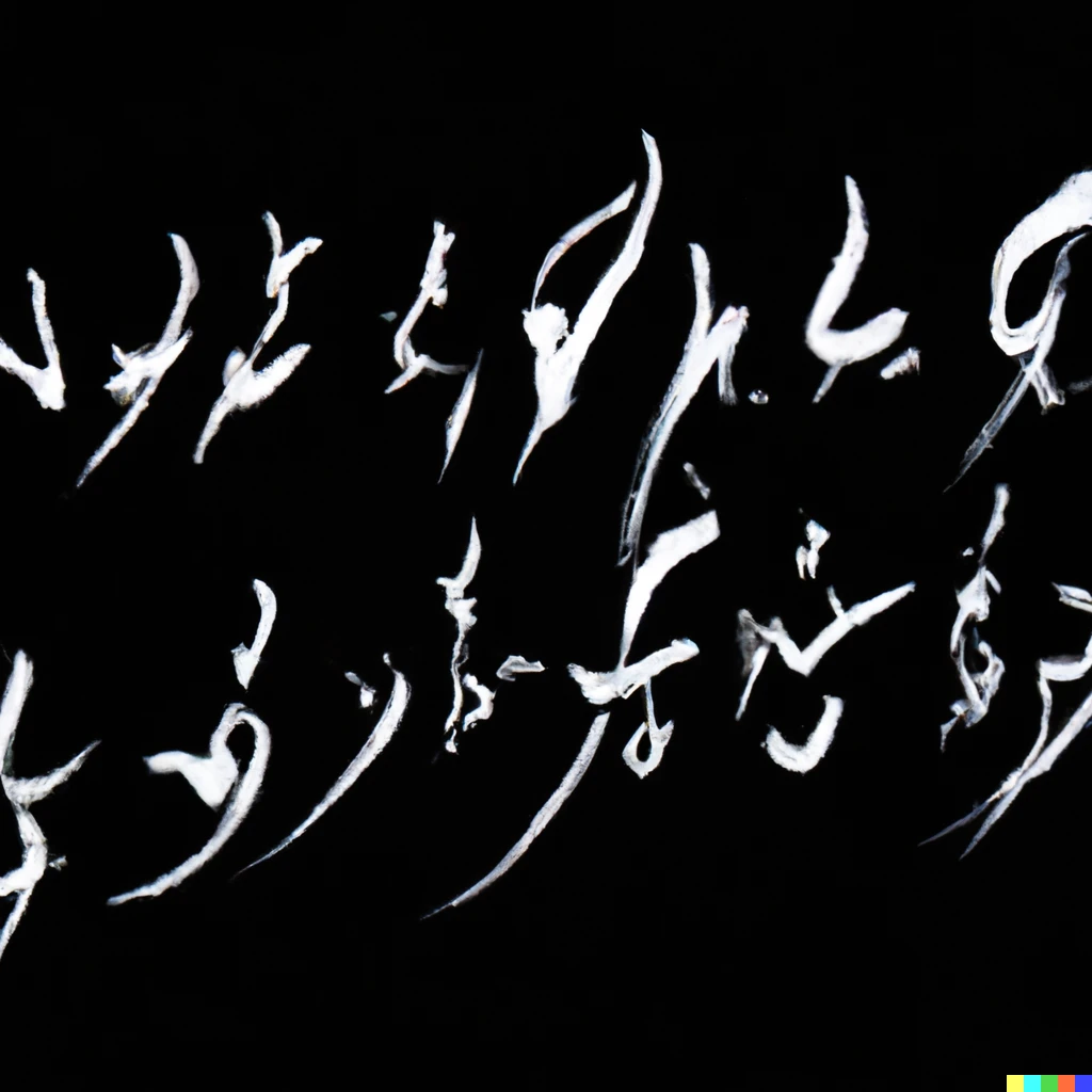 Prompt: ancient calligraphy from another world, white brush-like writing on black background