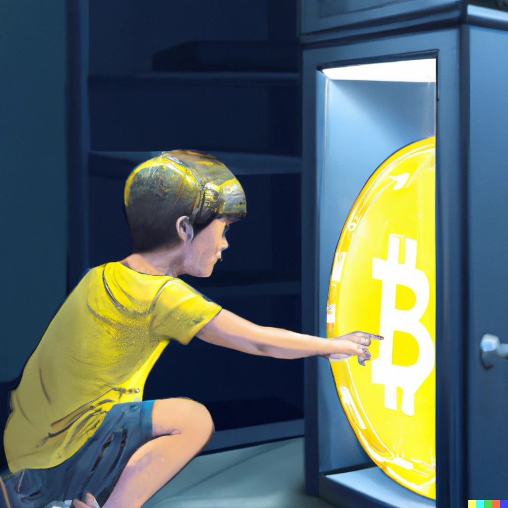 Prompt: boy grabbing bitcoins from a safe in a modern room, digital art