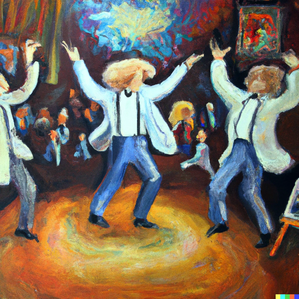 Prompt: the beattles performing and einstein dancing in a theater oil canvas | 848