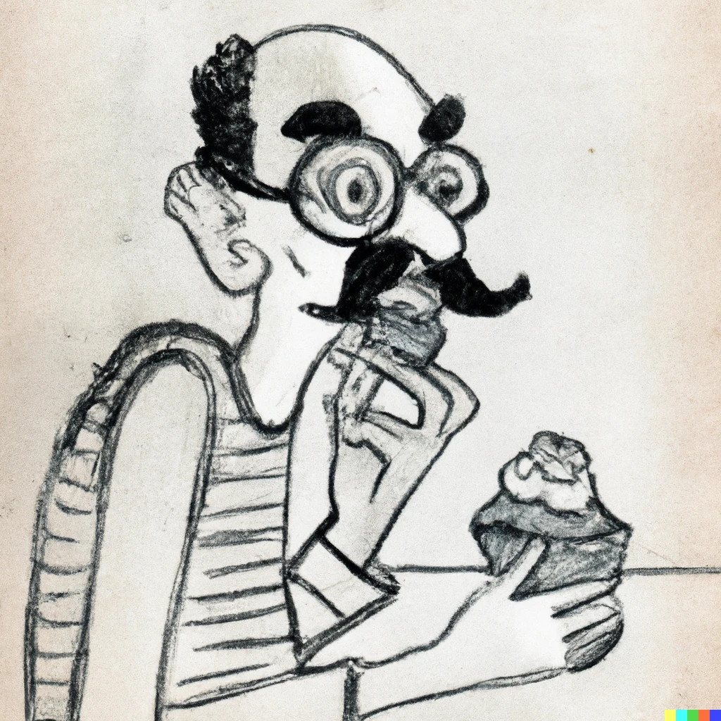 Prompt: groucho marx eating cupcakes as a pencil sketch drawn by Picasso