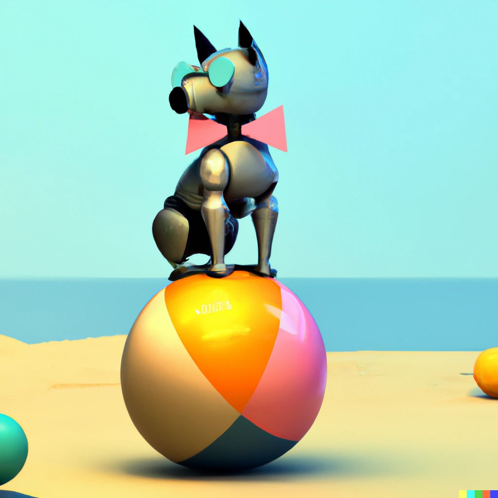 Prompt: 3D digital art robot dog wearing a bow tie and balancing on a beach ball