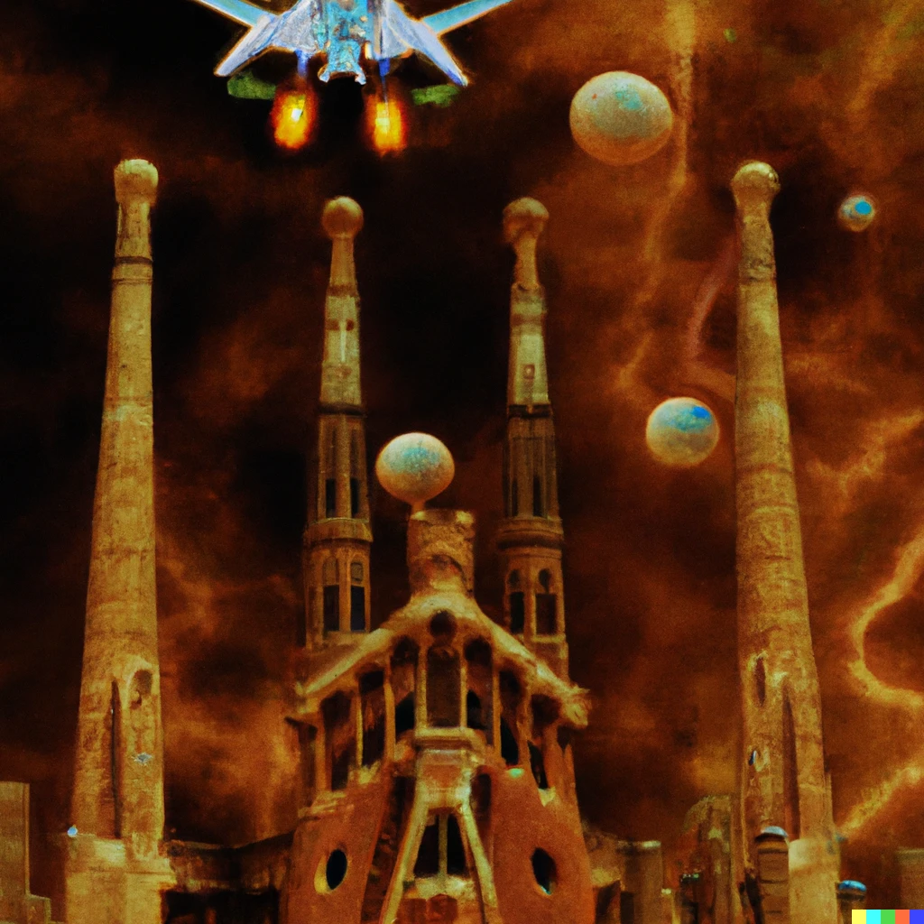 Prompt: Towering Gaudi art nouveau cathedral on Mars digital art with space vehicles flying overhead 