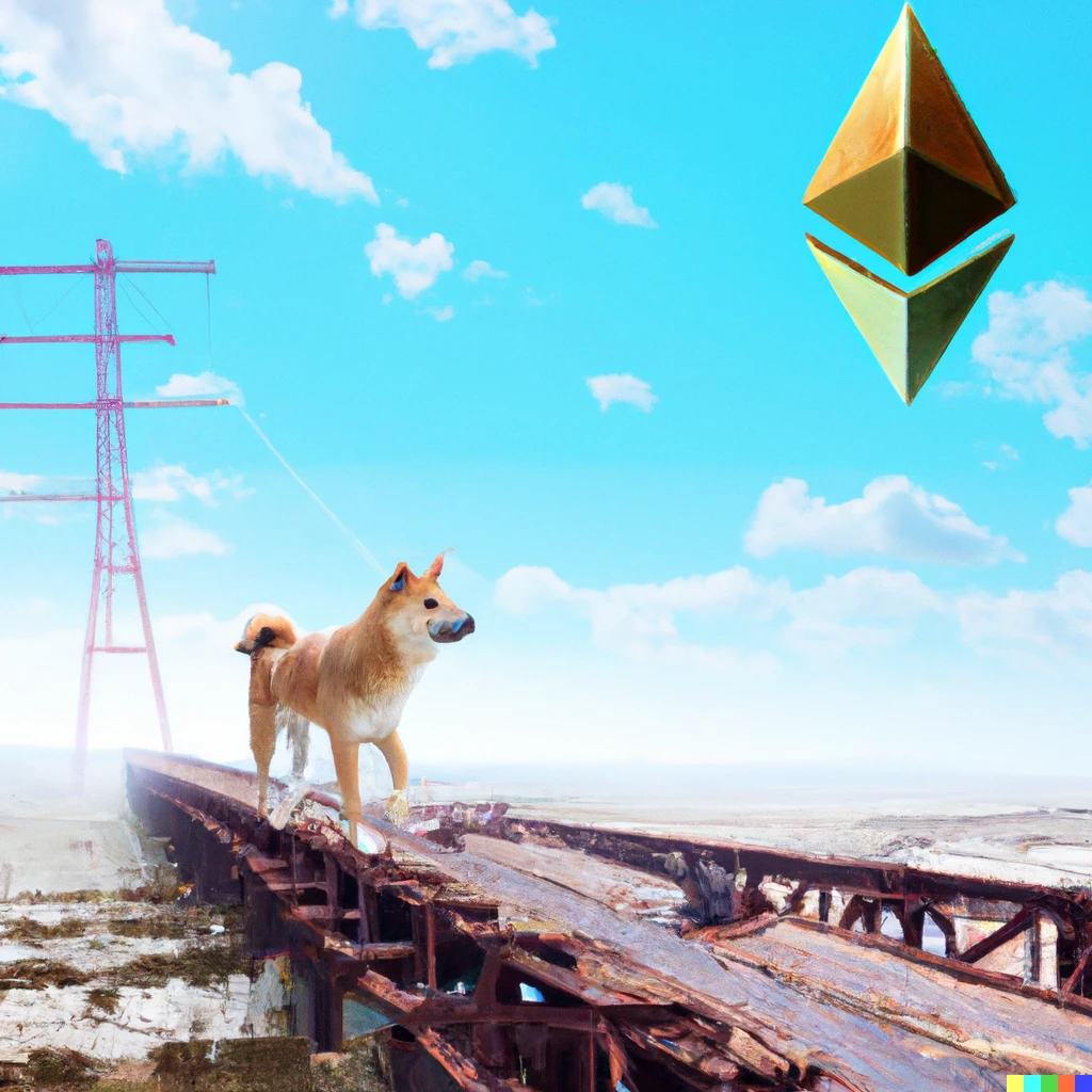 Prompt: A Shibu Inu dog crossing a bridge into world of ethereum