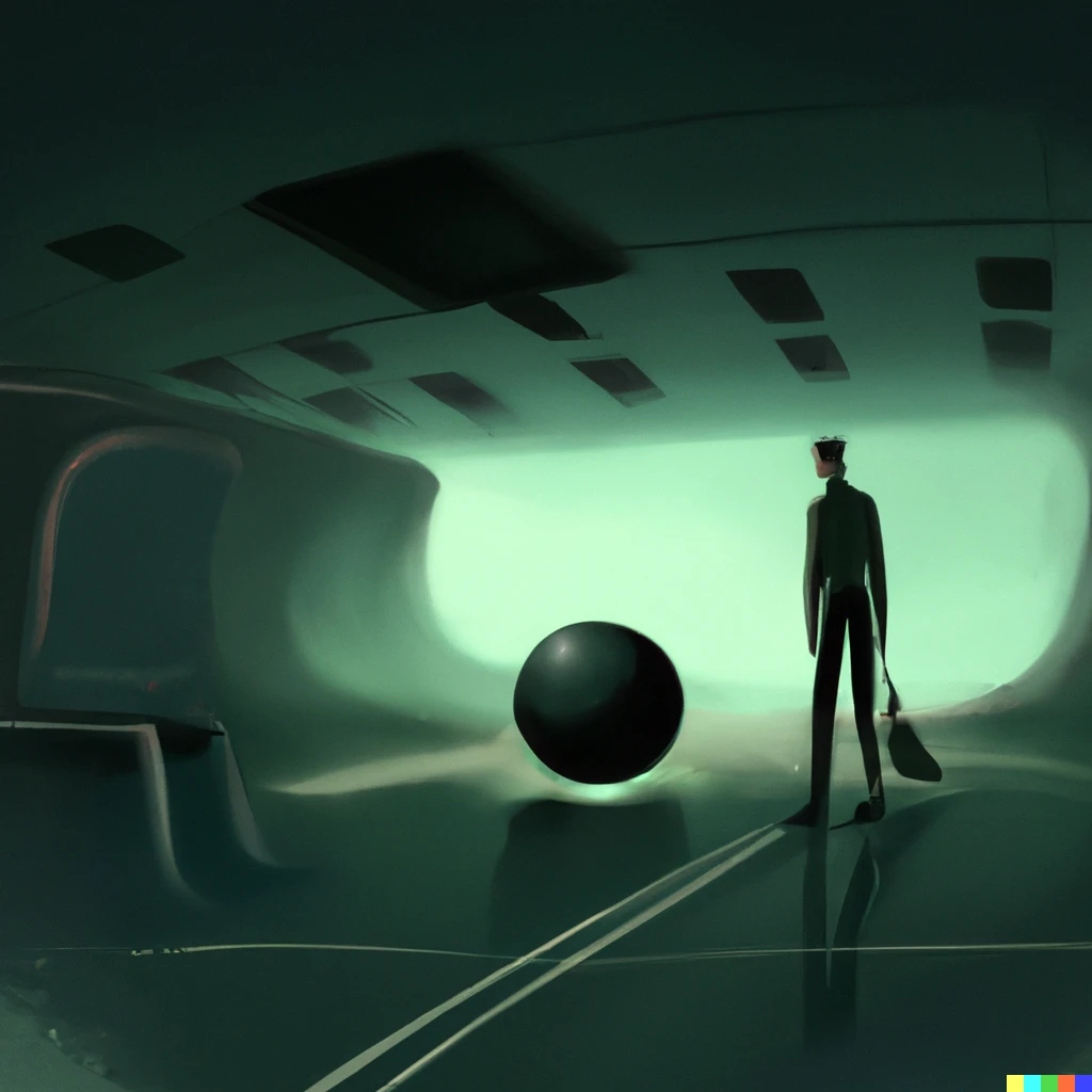 Prompt: franz kafka bowling inside a spaceship sci-fi digital painting by Simon Stålenhag