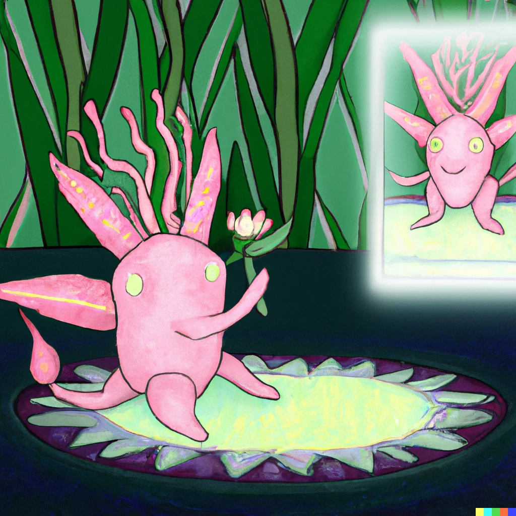 Prompt: a small pink axolotl in a green room admiring itself in a mirror digital art