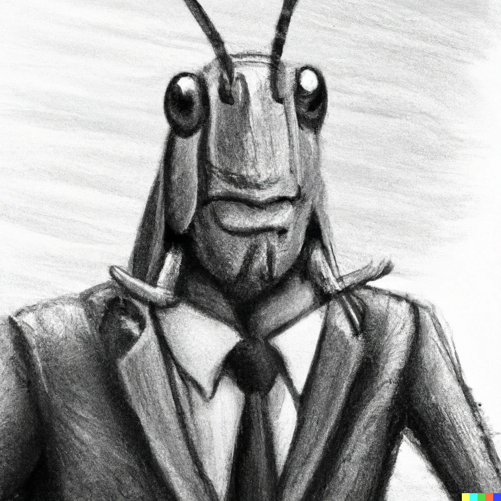 Prompt: Charcoal portrait of a grasshopper wearing a suit