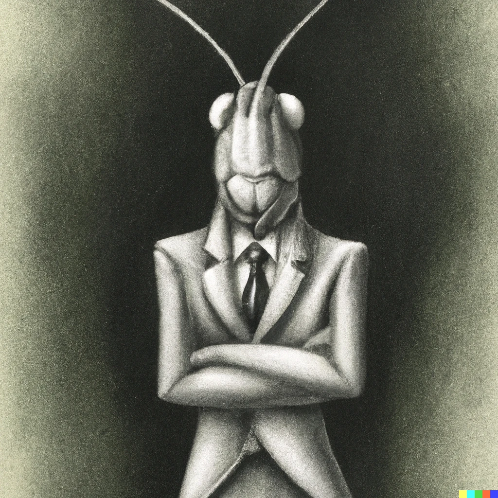 Prompt: Charcoal portrait of a grasshopper wearing a suit