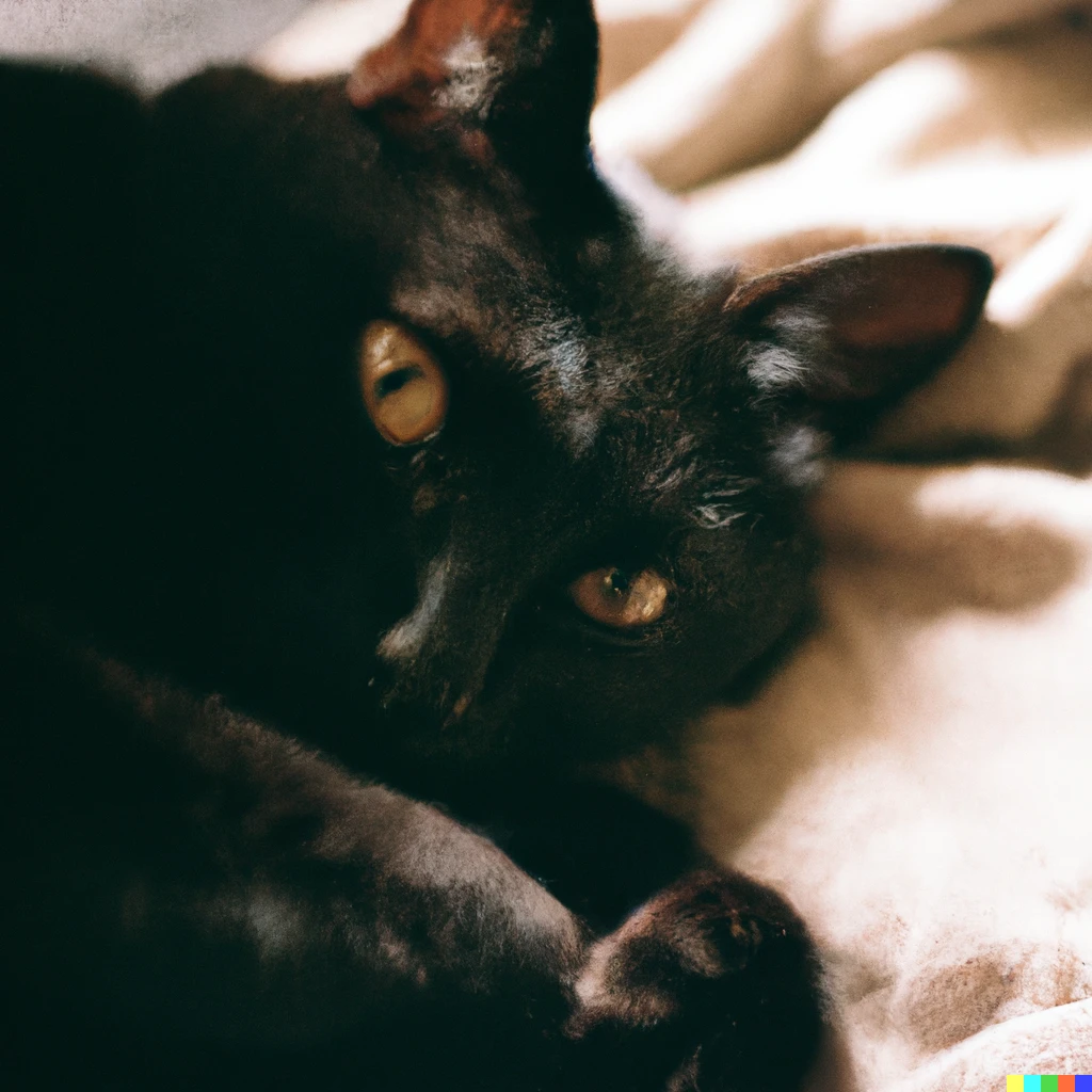 Prompt: 35mm photo of a beautiful black Bombay cat with amber eyes that is very sleepy