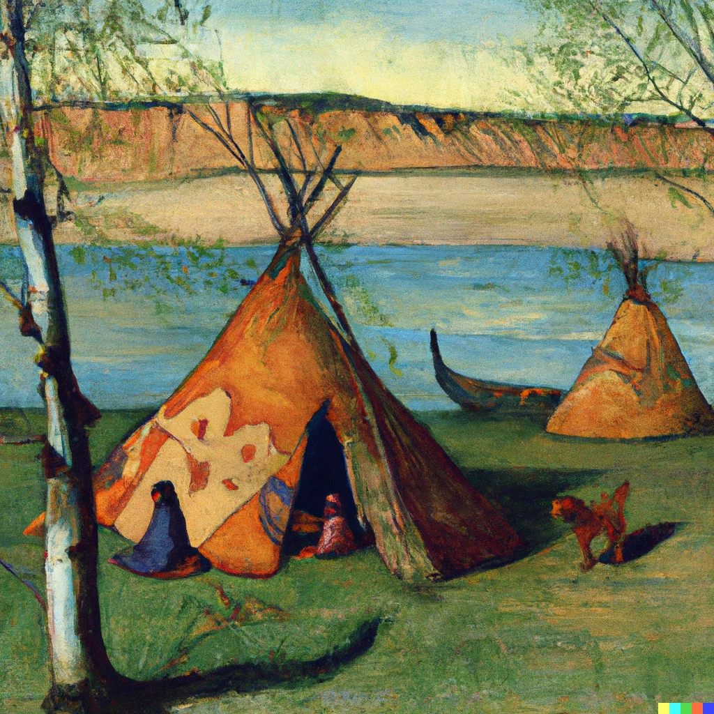 Prompt: A sioux tents village by a river in spring in north America with kids playing and women sitting  painted by gaugin