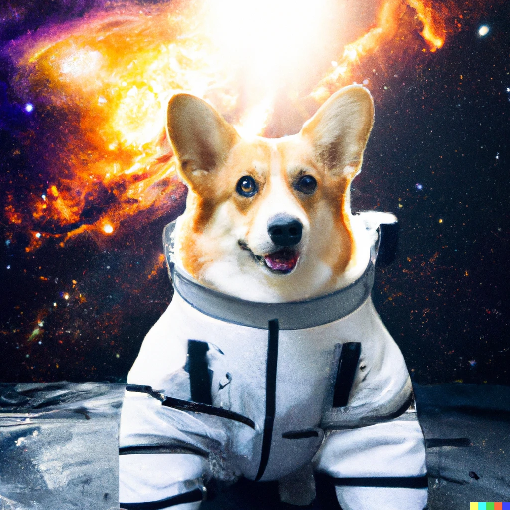 Prompt: a photo of a corgi on an astronaut suit with a super nova in the background