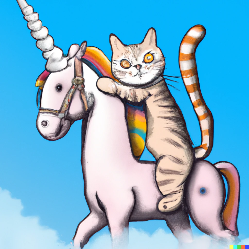 Prompt: real cat with smile carrying a shotgun while handle real unicorn horse in the blue sky