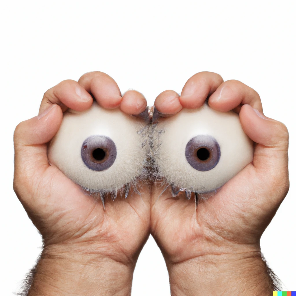Prompt: hands holding eyeballs coming out of a hairy belly