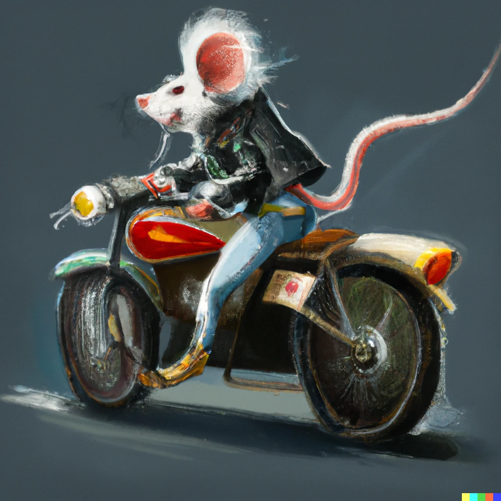 Prompt: a mouse riding a motorbike and wearing a leather jacket, digital art