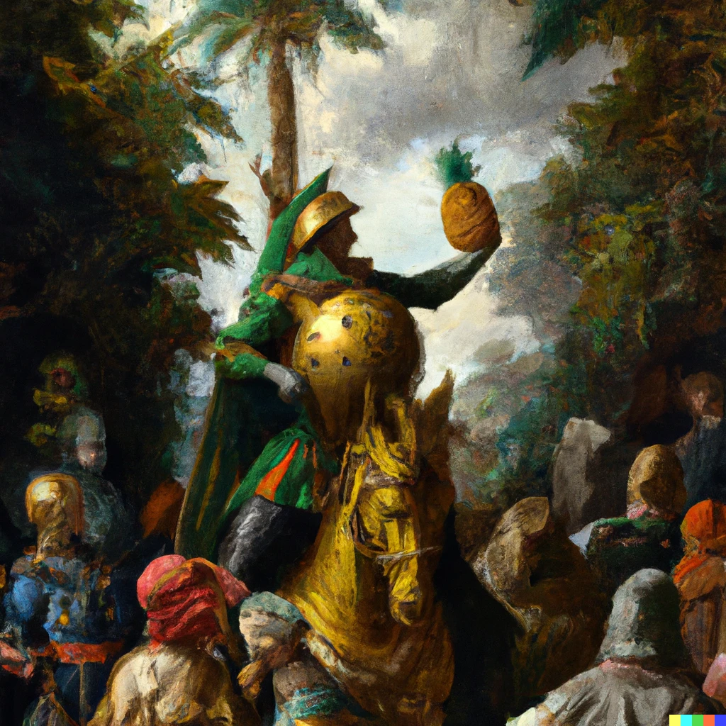 Prompt: A knight in heroic pose holds aloft a pineapple before a crowd of people, Pre-Raphaelite painting 