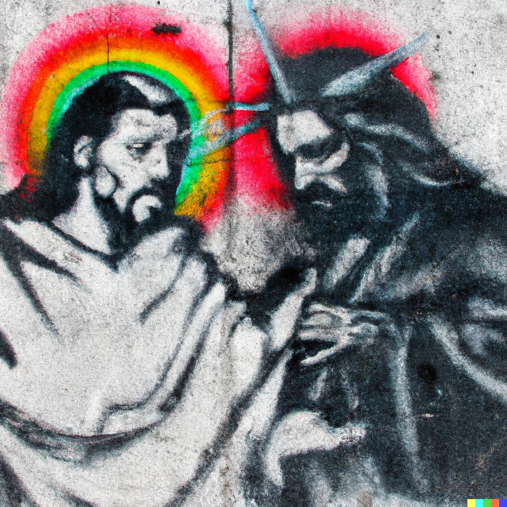 Prompt: a spraypatined picture on a concrete wall of technicolor jesus fighting black and white satan
