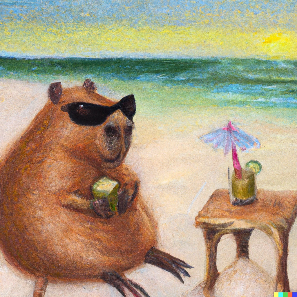 Prompt: A Capybara with sunglasses sitting at the beach drinking a cocktail, oil painting.