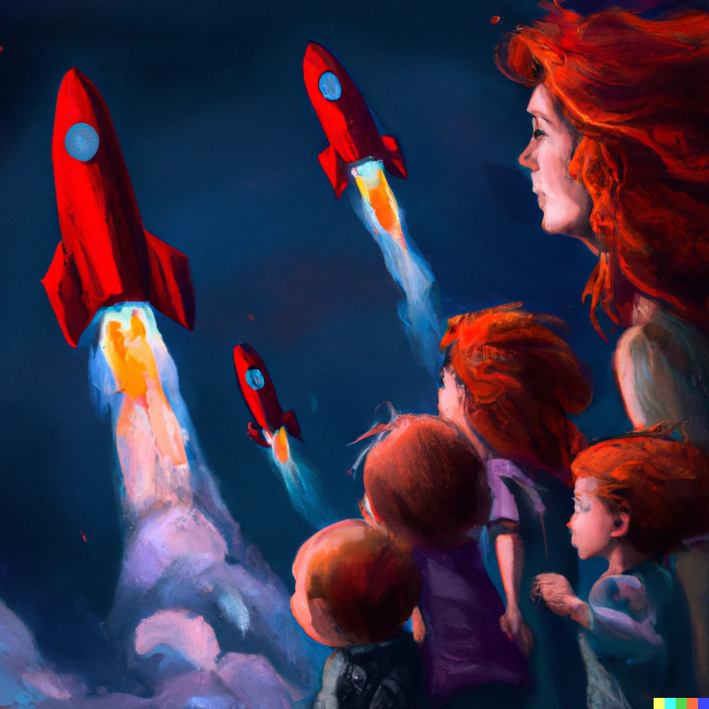 Prompt: Mom with her 4 children, watching the rocket launch into the sky, going to Mars, digital art 