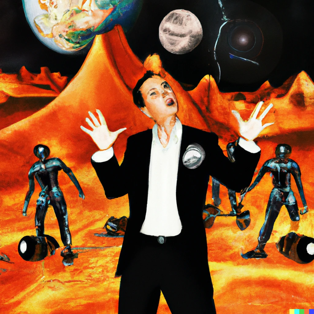 Prompt: Tech mogul singing to me and my children on Mars, with Teslas flying in space. Award winning digital art 