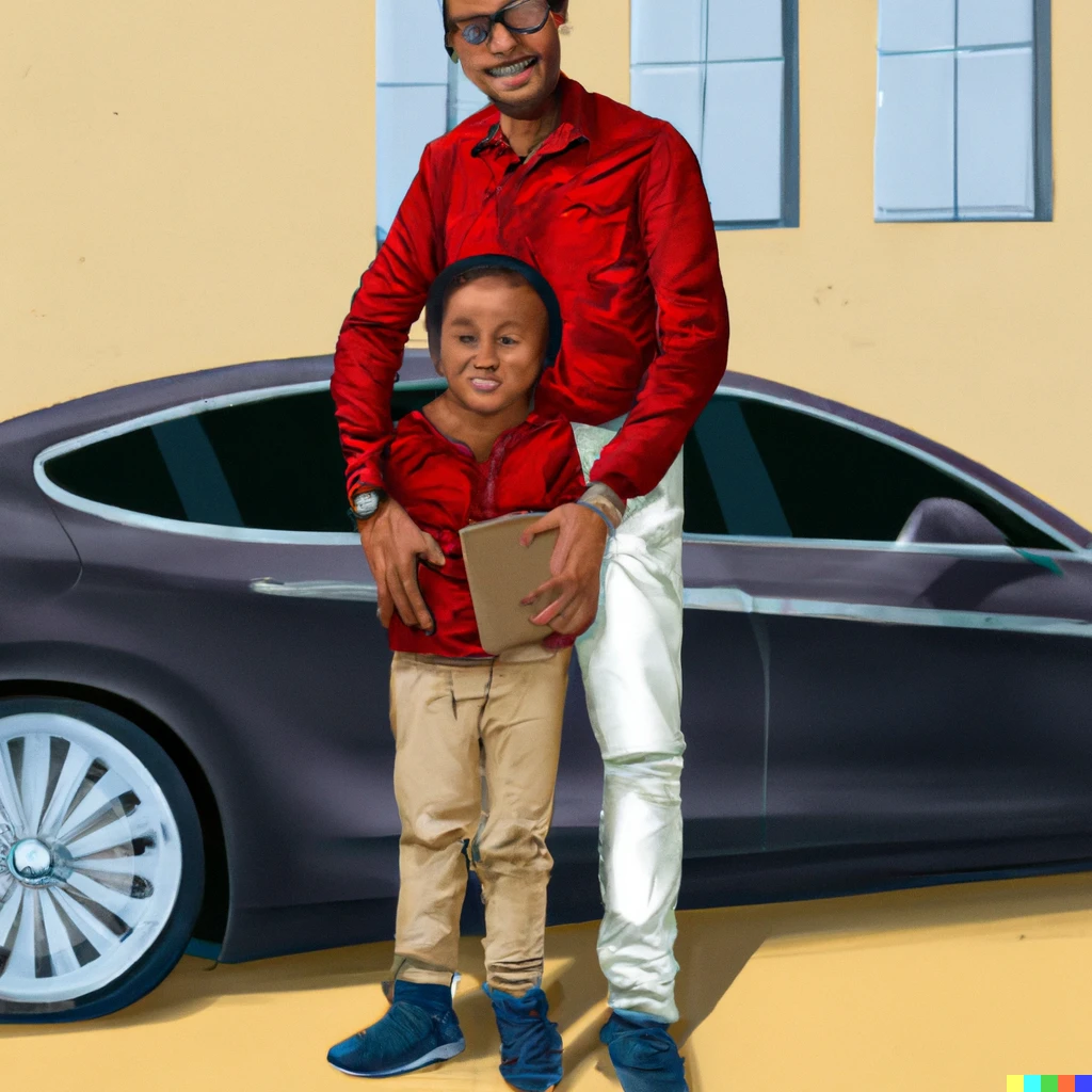 Prompt: A boy with glasses and his dad, standing next to a Tesla Model X Car, digital art, book cover 