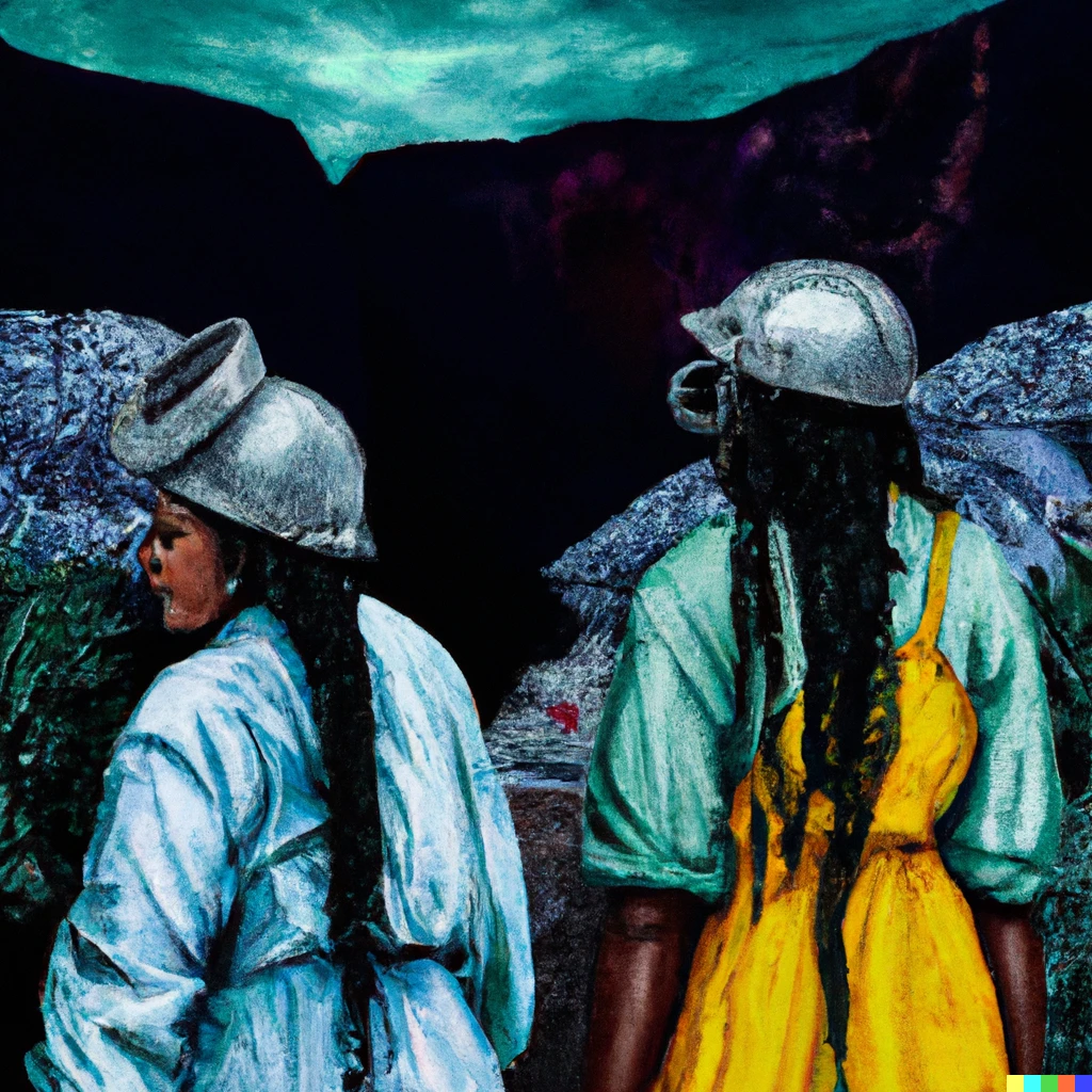 Prompt: two women working at the mine in the espace, digital art