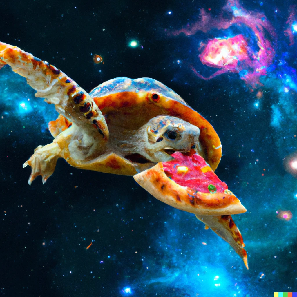 Prompt: “A colourful turtle  in outer space. The turtle is eating a piece of pizza. Pizza slices flying with angel wings in background, dark cyan galaxy and stars in background, 4K photoshopped image, look at that detail”
