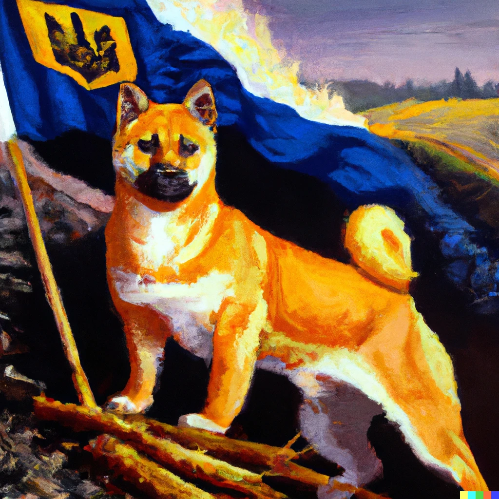 Prompt: An award-winning oil painting of a shiba-inu in a military uniform, holding a ukrainian flag in front of a burning bridge