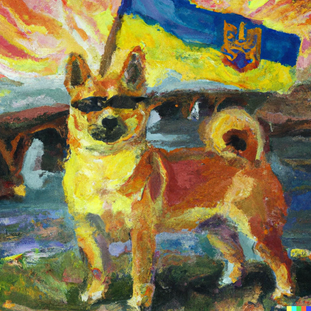 Prompt: An award-winning oil painting of a shiba-inu wearing glasses in a military uniform, holding a ukrainian flag in front of a burning bridge