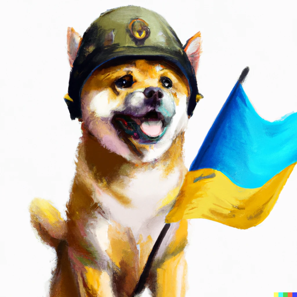 Prompt: A cute shiba-inu in a military helmet holding a ukrainian flag triumphantly, award winning digital art