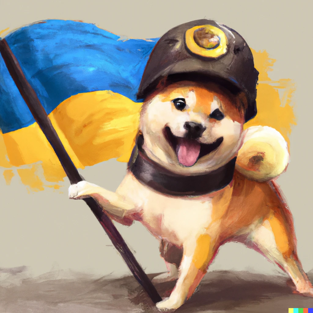 Prompt: A cute shiba-inu in a military helmet holding a ukrainian flag triumphantly, digital art
