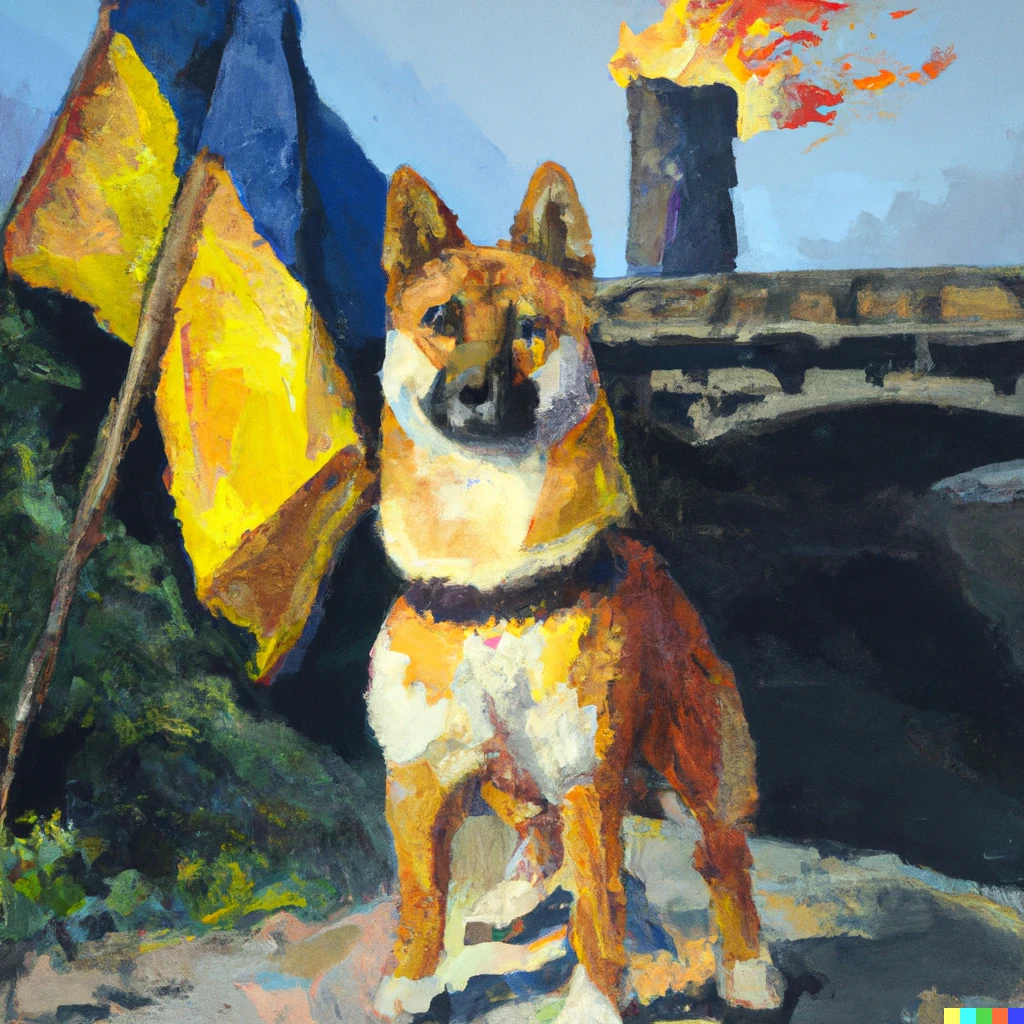 Prompt: An award-winning oil painting of a shiba-inu in a military uniform, holding a ukrainian flag in front of a burning bridge