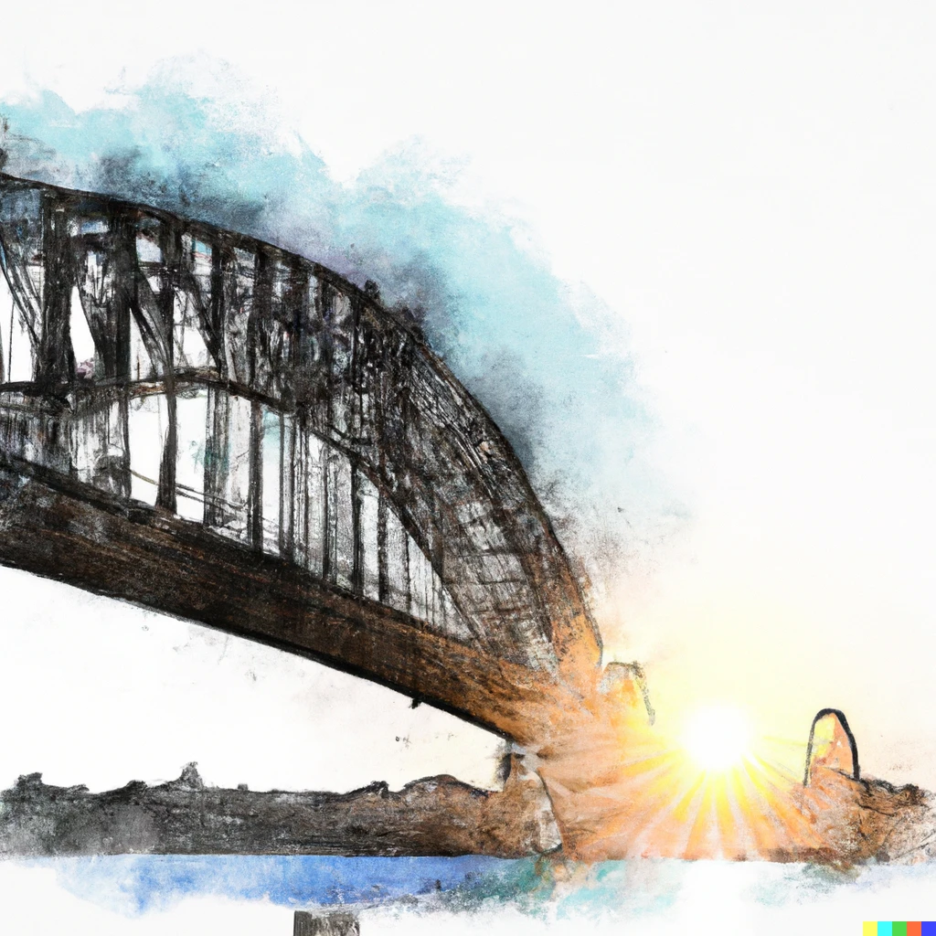 Prompt: Pencil and water colour painting of Sydney harbour bridge with big setting sun as the background 
