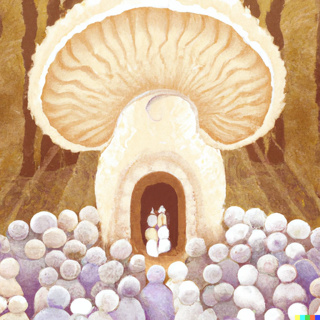 Prompt: Aesthetic style, people praying inside the church. A large shiitake mushroom forms a family in the center.　Klimt-style.