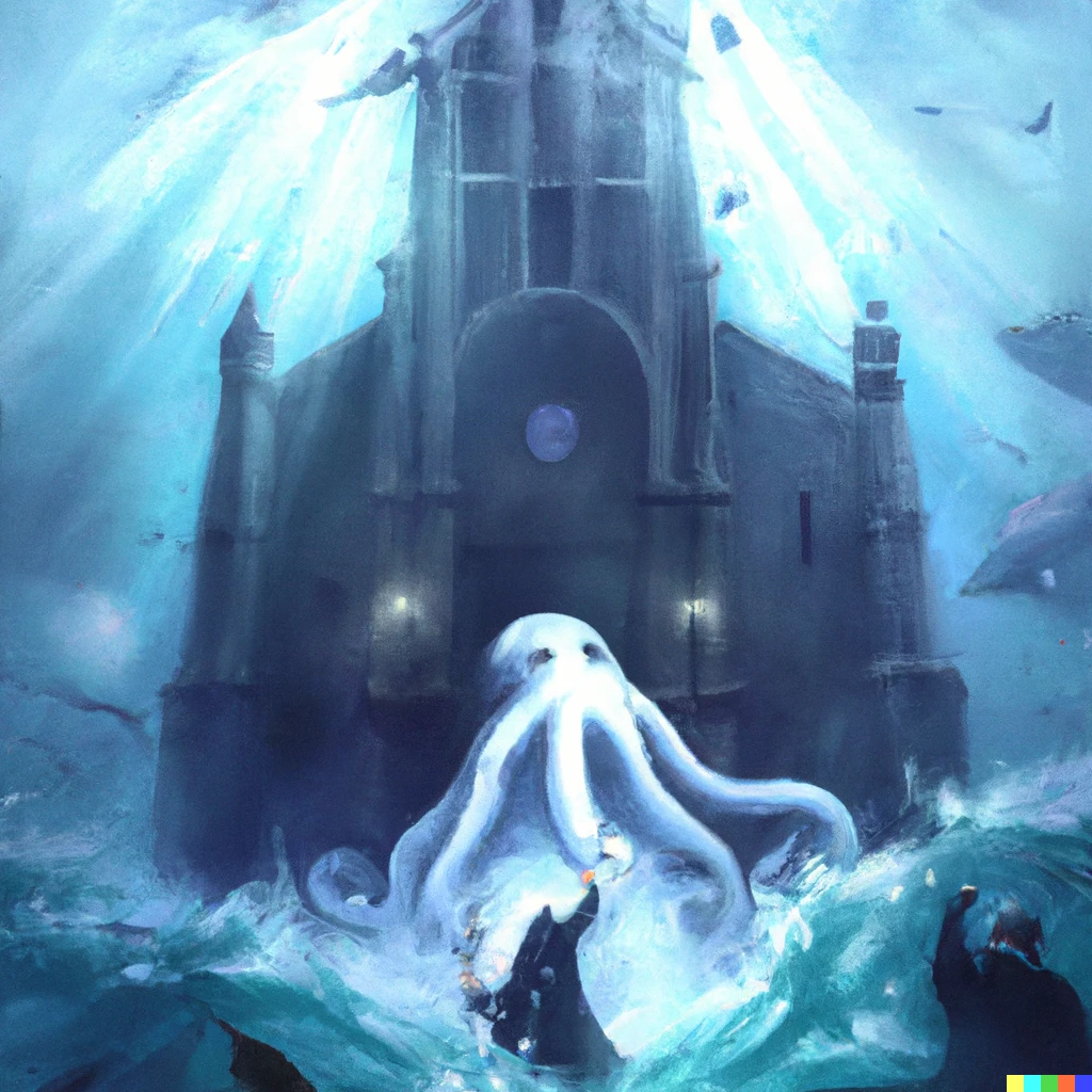 Prompt: Gothic church, octopus ghost creeps up on priest with water. Sea creatures rush into the church. Digital art.