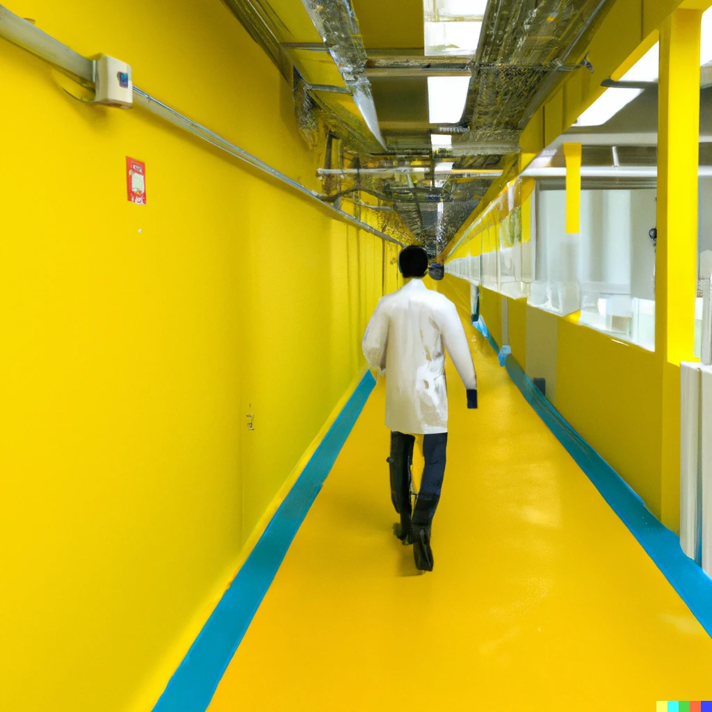 Prompt: People in hazmat walk along the yellow corridors.