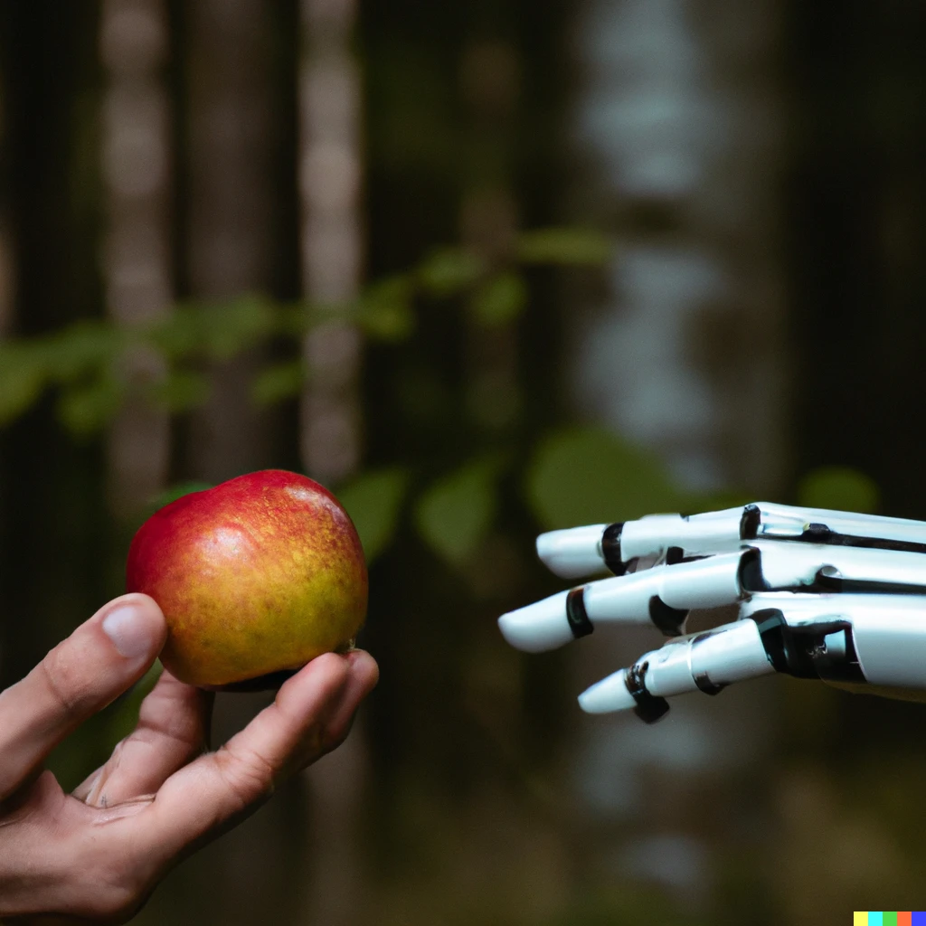 Prompt: A human hand on the left giving a red apple to a robot in a forest
